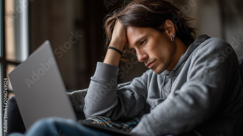 Young caucasian male adult working from home on laptop looking frustrated concept of freelancing, remote work for tech companies and online education platforms