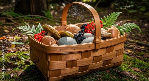 Wooden Basket Filled with Mushrooms and Berries for Foraging Adventure