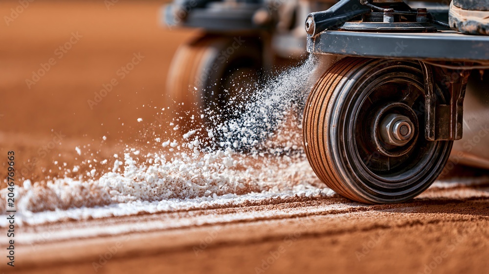 Fototapeta premium Groundskeeper uses a drag to smooth a clay tennis court during maintenance