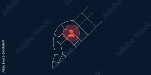 Profile inside circular boundary on map grid. Geofence risk and quarantine location tracking concept scene. Health monitoring technology graphic. Clean interface element detail.