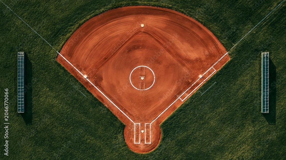 Naklejka premium Aerial view of a baseball field with green grass and dirt infield