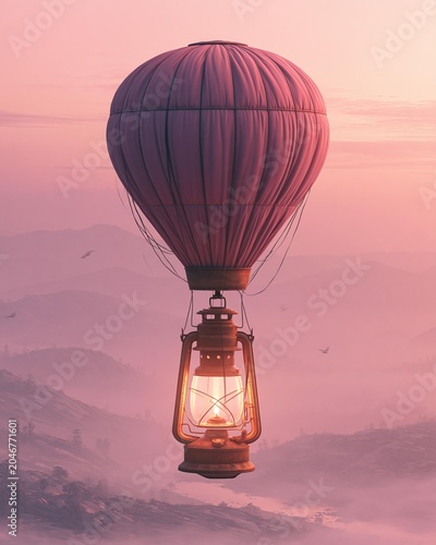 Victorian hot air balloon with a lantern ascendant over misty mountains at dawn