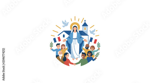 Bild auf Leinwand Blessed Virgin Mary Surrounded by Diverse People with Church and Doves