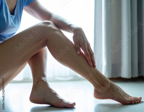 窓辺で脚に触れる女性