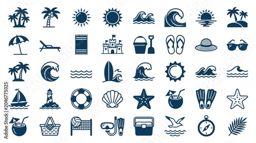 Quadro su tela Summer Beach Icons Collection in Dark Blue for Vacation and Recreation