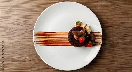 Chocolate mousse cake slice with gourmet garnish