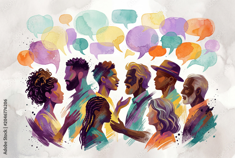 Fototapeta premium Diverse group of people talking with colorful speech bubbles