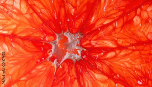 Extreme closeup macro of vibrant red grapefruit segments, juicy citrus pulp texture, fresh fruit background, summer nutrition, healthy eating, food photography