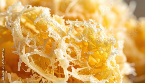 Extreme macro closeup of raw dried sea moss strands with golden translucent texture, rich organic superfood, dietary supplement and health benefits