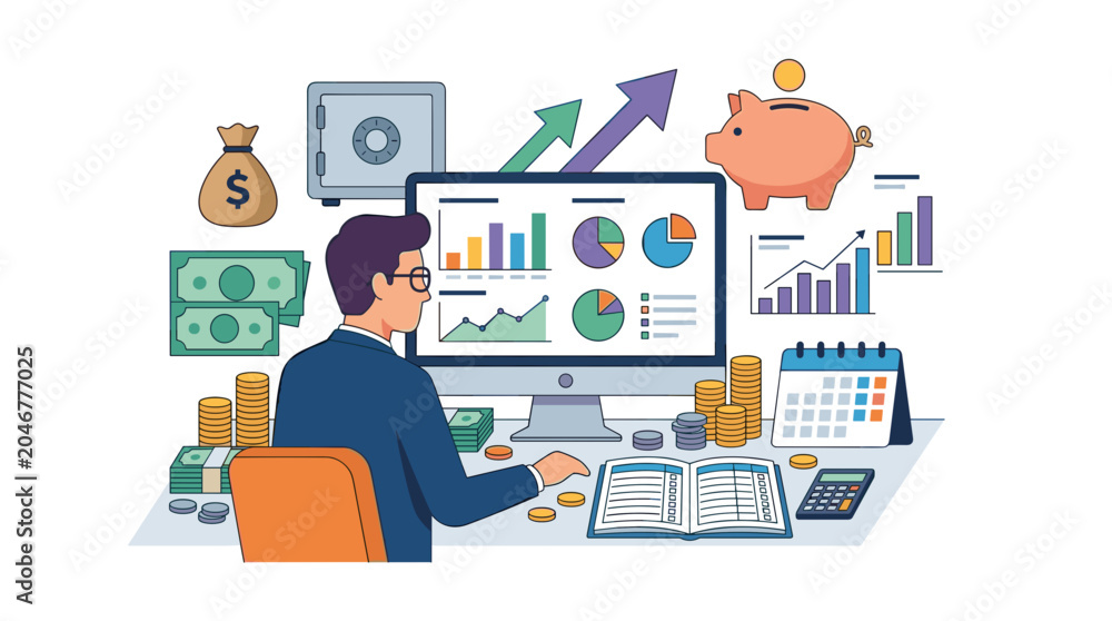 Naklejka premium Financial analyst working on computer with charts and graphs surrounded by money and savings symbols Vector