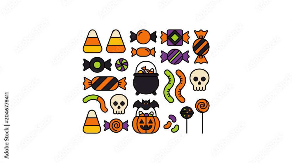 Fototapeta premium Halloween Candy Collection Assortment of Sweets and Treats for Trick or Treating Vector
