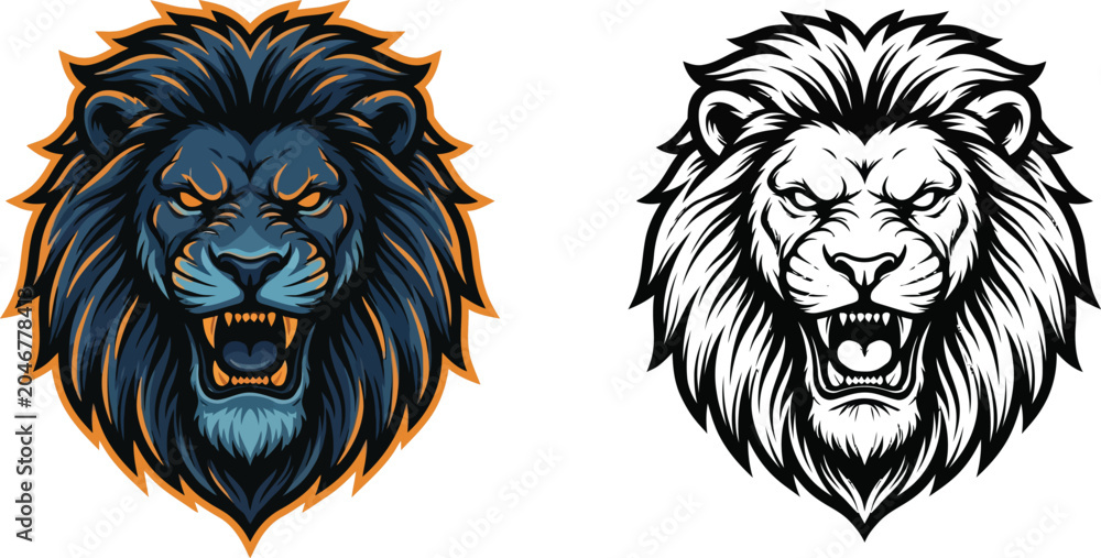 Obraz premium Two stylized illustrations of a roaring lion's head, one in vibrant color and the other in a bold black and white outline, showcasing ferocity and power.