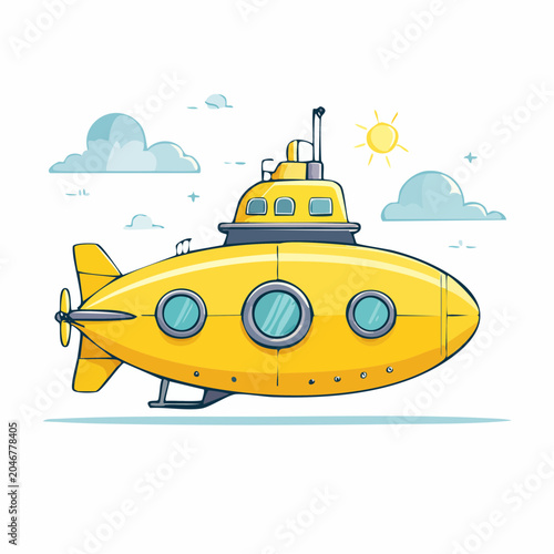 Cartoon yellow submarine with clouds and sun