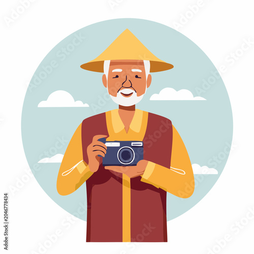 Elderly Man in Traditional Hat Holding a Camera