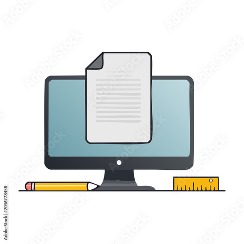 Flat design illustration of computer with document, pencil and ruler