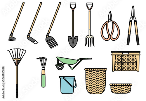 Foto 家庭菜園やガーデニングで使う様々な道具や農具のイラストセット｜園芸や農業の手入れに役立つスコップやハサミなどのアイコン素材