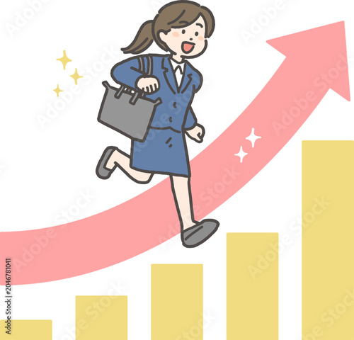 グラフを駆け上がるスーツの女性（新人ビジネスウーマン）