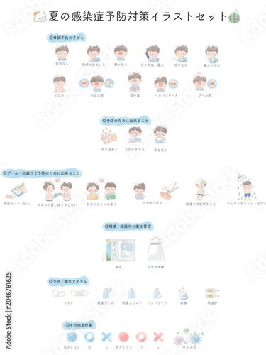 夏の感染症予防対策のイラストセット。小児科や保育園のおたより・ポスター・WEBバナー用の水彩イラスト素材。手洗い・消毒・マスク・プール熱・手足口病の詰め合わせベクター素材