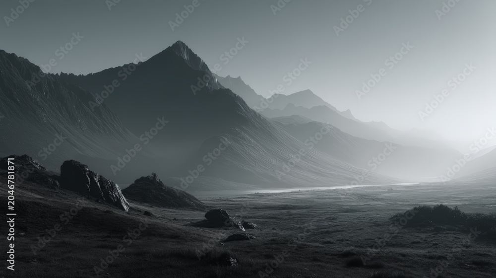 Obraz premium A monochrome photo of jagged mountain peaks fading into a misty, expansive valley under a bright sky, abstract combo green background for kids