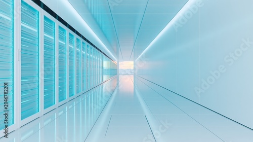 Ice Blue Data Center Interior with Long Perspective