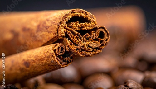 Obraz na plátně Close-up of Dry Cinnamon Sticks Resting on Roasted Coffee Beans