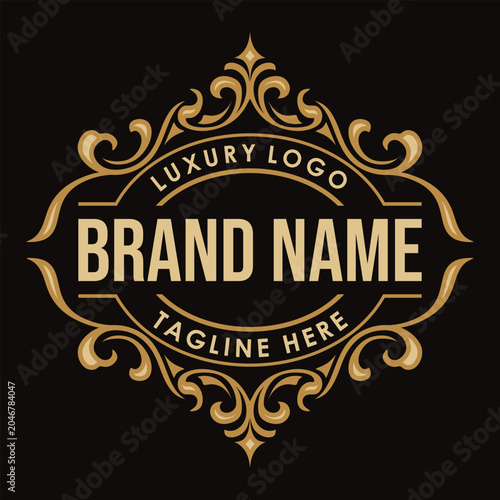 Elegant luxury logo template with golden ornamental frame and vintage flourish border vectors isolated on dark background for premium branding design.
