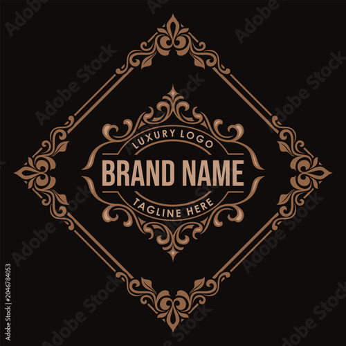 Luxury branding logo template featuring an elegant golden emblem enclosed in a vintage diamond shaped ornamental frame isolated on a dark background.