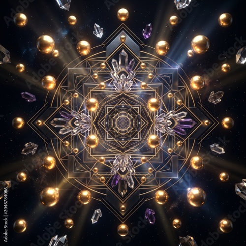Elegant abstract geometric composition with golden spheres and crystals in dramatic light.