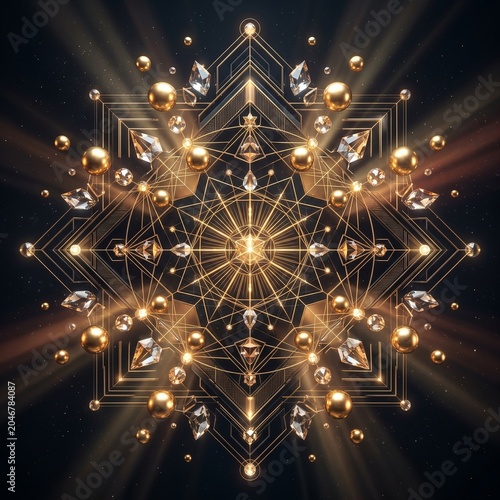 Elegant abstract geometric composition with golden spheres and crystals in dramatic light.