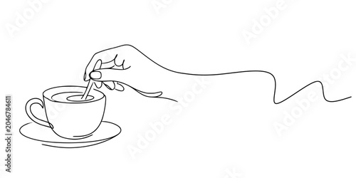 Hand Holding Cup, Continuous-line drawing of a hand holding a cup, symbolizing comfort and daily ritual