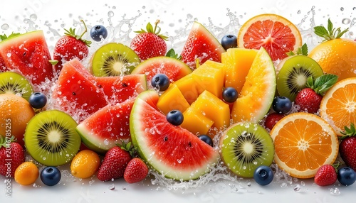 Fresh Tropical Fruits Splashing In Clear Blue Water On White