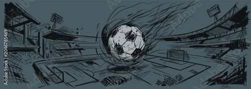 Slika na platnu Soccer ball meteorite crashed into the middle of soccer stadium hand drawn sketc