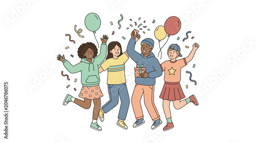 Tableau sur toile Joyful Diverse Group of People Celebrating with Balloons and Confetti