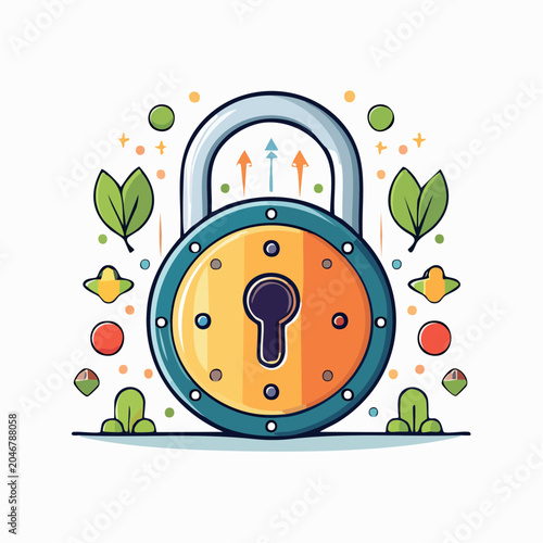 Cartoon Padlock with Growing Arrows and Leaves