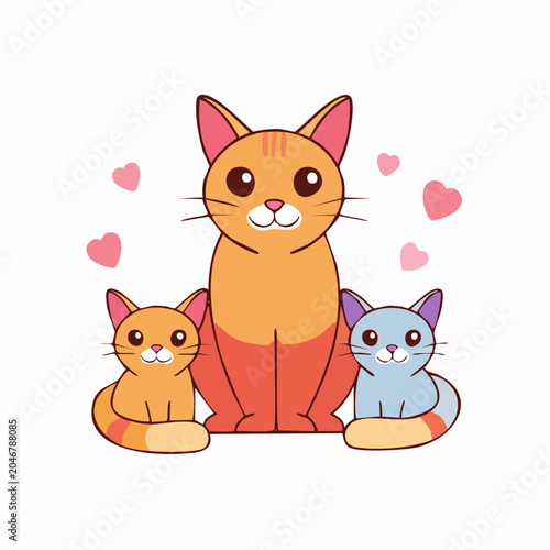 Cute Cartoon Cat Family with Hearts