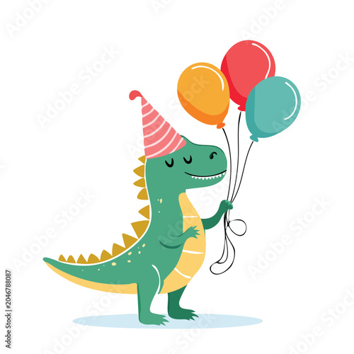Cute cartoon dinosaur with balloons and party hat