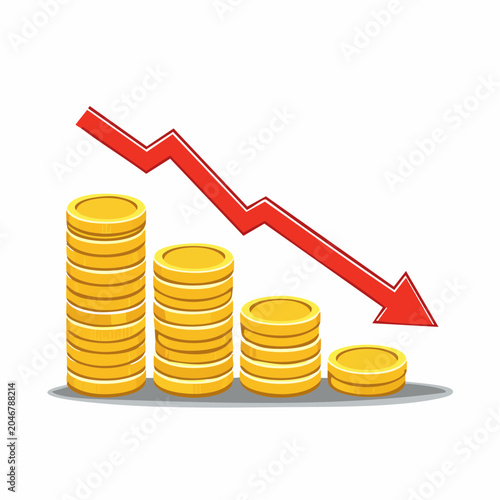 Falling coins graph with red arrow indicating decline