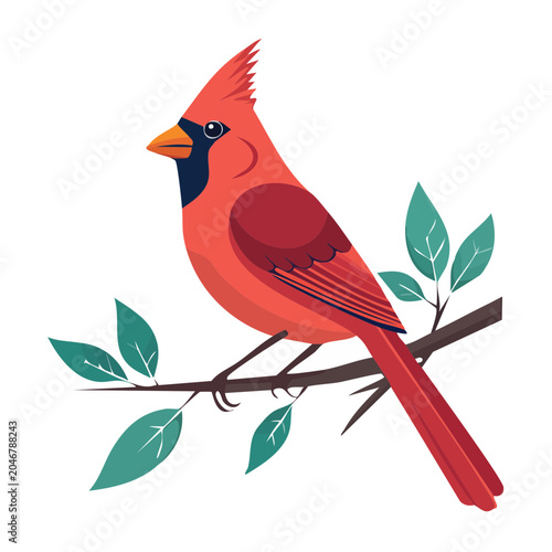 Flat design illustration of a red cardinal bird on a branch