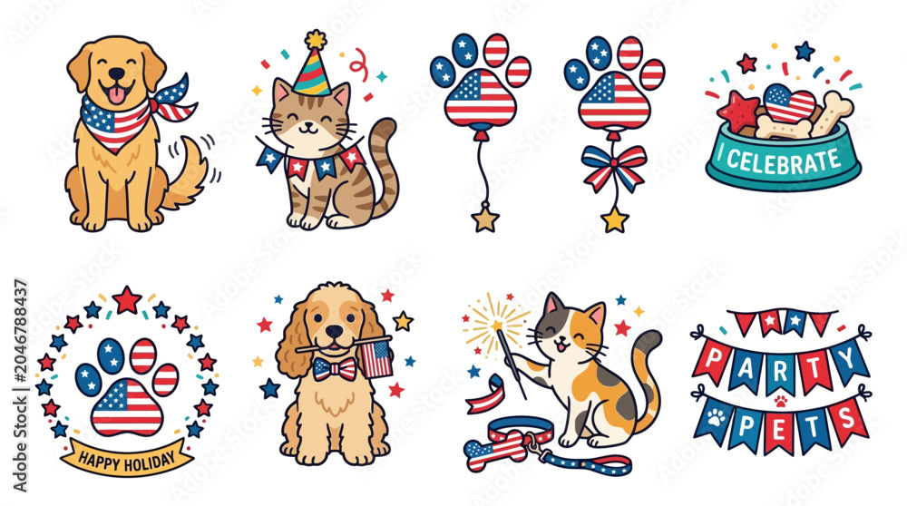 Naklejka premium Patriotic animals celebrate Independence Day with fireworks and flags.