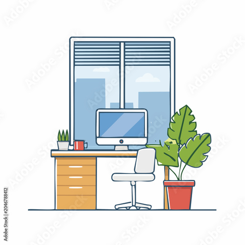 Modern Home Office Desk Setup with Computer and Plant