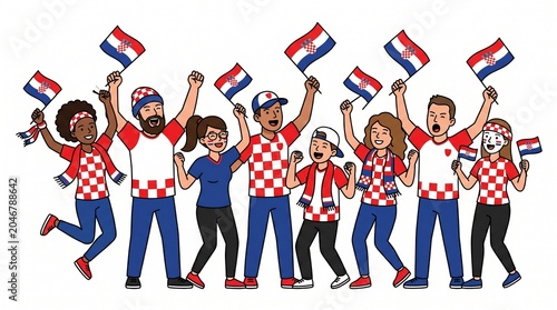 Happy Croatian fans celebrating with flags and scarves Vector