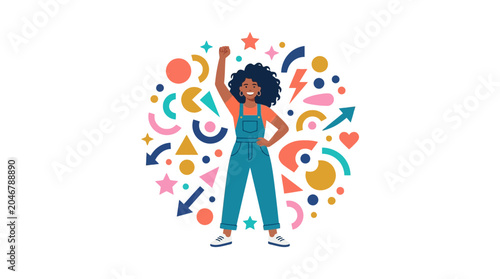 Photos Joyful Woman Celebrating Happiness with Colorful Confetti and Party Elements