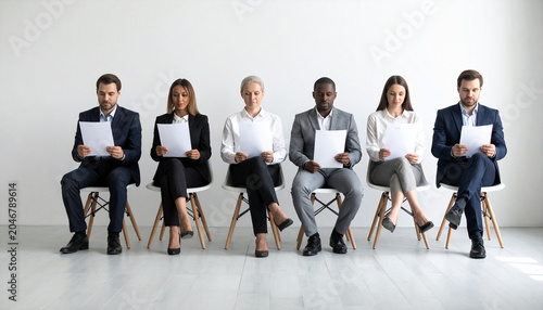 Job Interview Candidates Waiting: A diverse group of six professionals, dressed in formal business attire, sit on chairs in a row, each holding a document.