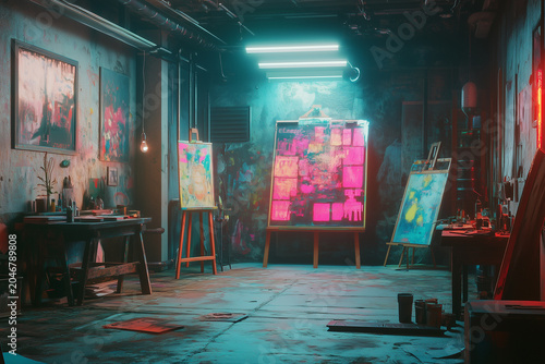Art studio interior with canvas in old abandoned building features graffiti on the crumbling wall and an eerie light.