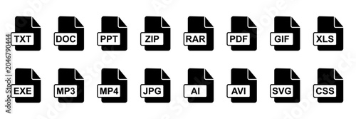 set of documents icons, file icons, black and white, format, zip, txt, doc, ppt, pdf, gif, jpg, psd, mp3, mp4, ai, avi, svg