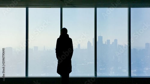 Hooded Figure at Large Window overlooking Skyline