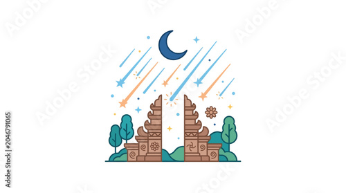 Bild auf Leinwand Bali Gate Candi Bentar Illustration with Night Sky and Meteor Shower
