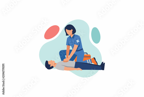 Paramedic Female Performing CPR on Patient Vector Illustration