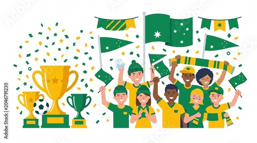 Australian sports fans celebrating with trophies and flags Vector