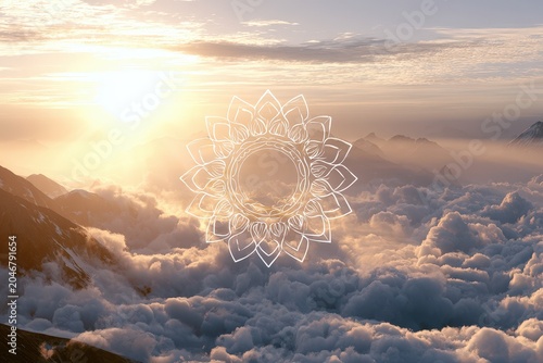 A breathtaking view of soft cloudscapes above mountain peaks during sunrise, showcasing tranquil colors and serene atmosphere